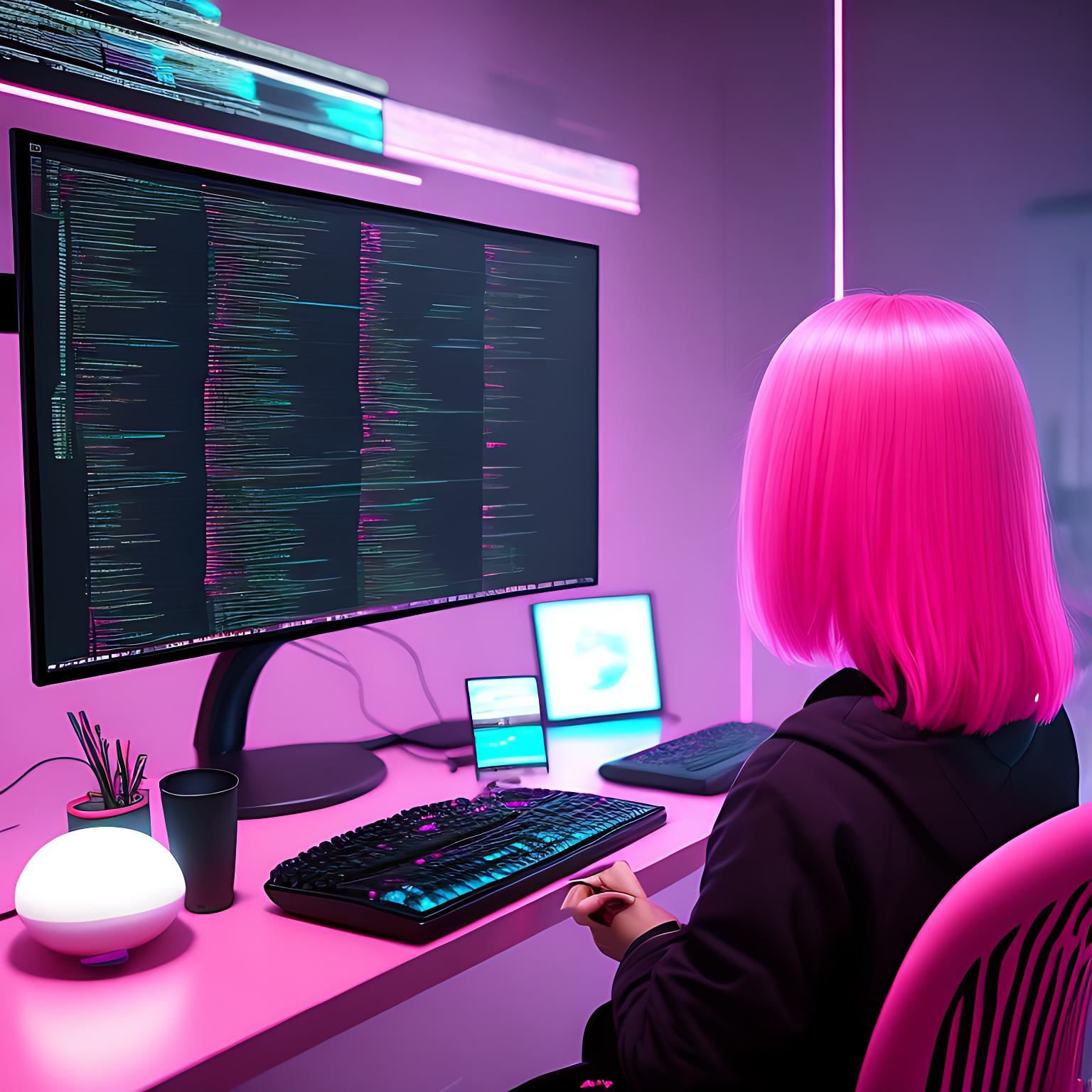 girl with pink hair sitting in front of monitor and  coding